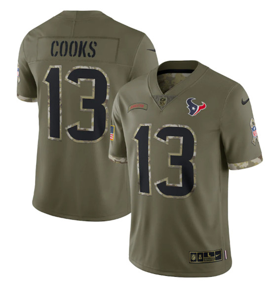 Men's Houston Texans #13 Brandin Cooks 2022 Olive Salute To Service Limited Stitched Jersey